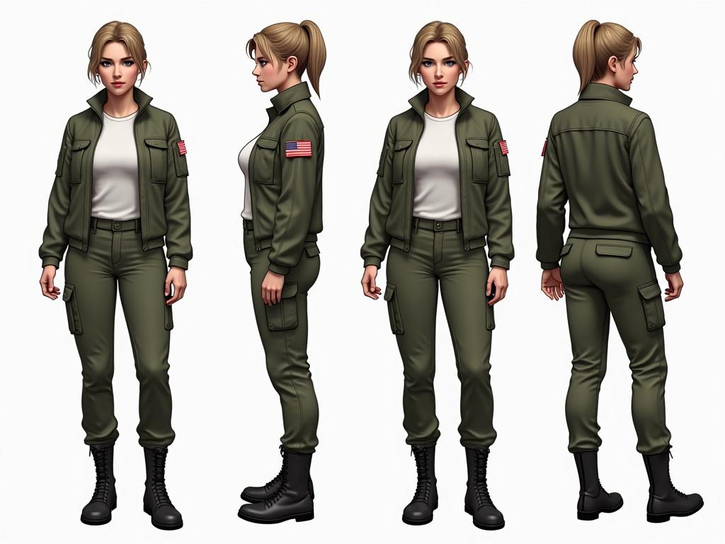 Create a realistic character design for a 30-year-old female wearing a military uniform. She has sandy brown hair, darker eyebrows, and blue-green eyes. Her uniform is made from a tough synthetic fabric and consists of a jacket worn over a classic white shirt, paired with tactical pants rather than a bodysuit. The jacket features some details like a badge on one sleeve and subtle red accents, and the pants have pockets for utility. The proportions of her body should be more realistic, emphasizing a strong and capable figure.