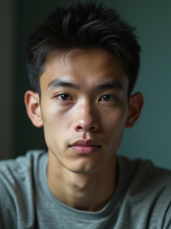 Portrait of a young man captured with a low-quality smartphone. He is looking directly at the camera with a natural expression. The photo shows noise and motion blur with dull colors. Taken indoors.