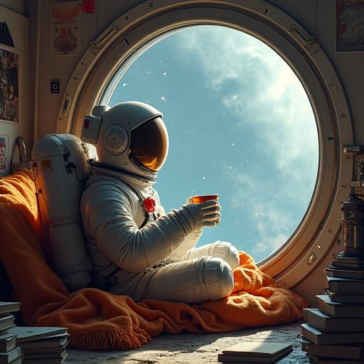 Astronaut sipping tea by porthole. Cozy interior environment. Warm blankets and books scattered around. Soft oranges and cool grays dominating the color scheme. Gentle lighting setting a peaceful mood.