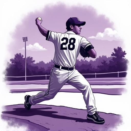 A baseball pitcher wearing a jersey with #28 throws a pitch. The background showcases a black and white baseball field with a vibrant purple baseball diamond. The pitcher is illustrated in a cartoon style.