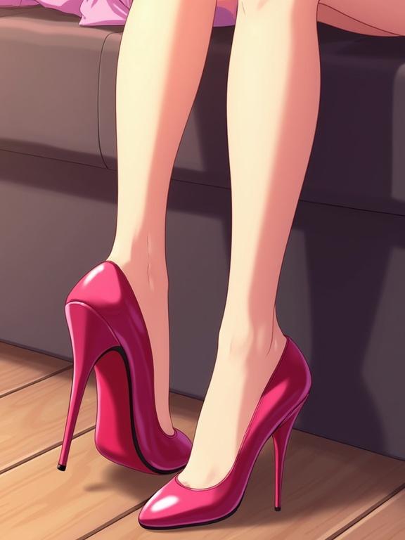 Anime style illustration featuring high heels and feet. Focus on bright pink high heels. Legs are positioned elegantly. Background is soft and simple.
