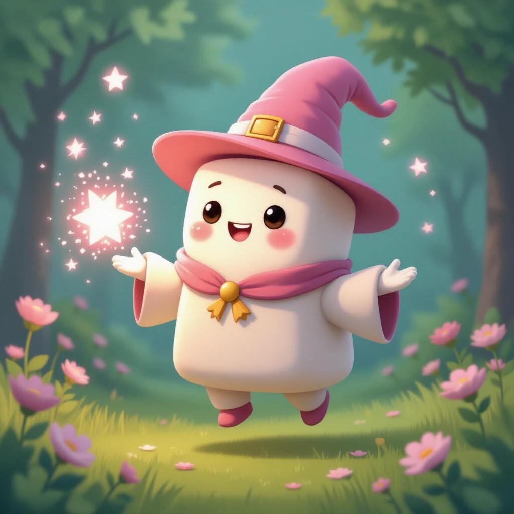 A cute anthropomorphic marshmallow character wearing a pink wizard hat. It is floating and casting sugar sparkles resembling magic. The scene features a lush forest with soft pastel colors. The character has a cheerful expression and looks friendly.
