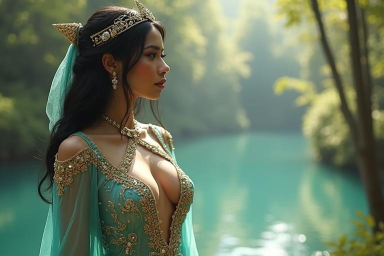 A tall Arabian princess in a turquoise outfit. Outfit features gold embroidery and sheer overlay pants. She has shiny black hair and a deep V-neckline. A jeweled headpiece adorns her head. A glowing unicorn is visible in the forest. The princess looks breathlessly toward the unicorn.