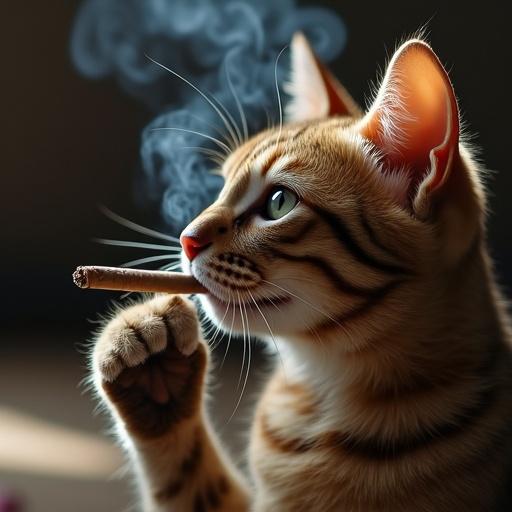A cat holding a cigarette and smoking while looking thoughtfully. The cat is a Bengal breed with distinct stripes and an expression that showcases a contemplative mood.