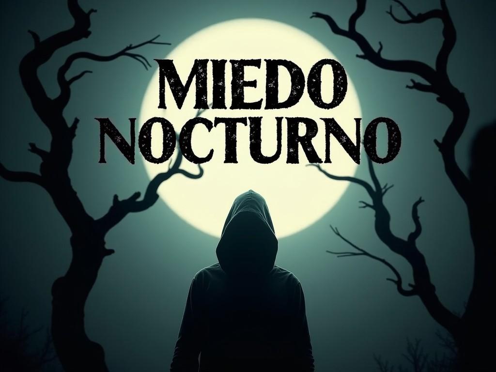 The image has the text 'Miedo Nocturno' in bold, spooky font. It features a silhouette of a hooded figure standing against a large, full moon. The background is dark, enhancing the eerie and mysterious atmosphere. There are twisted, bare trees surrounding the figure, adding to the sense of a haunted forest. The overall mood is designed to evoke feelings of suspense and fear.