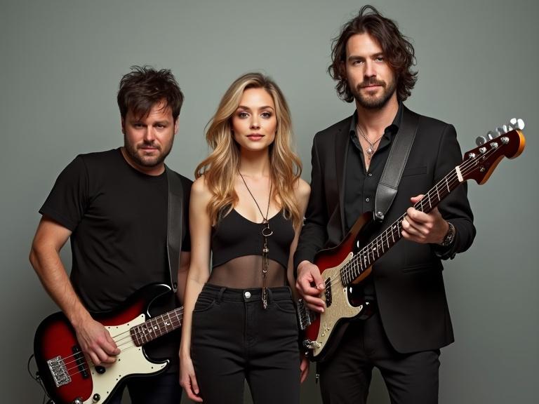 Alternative rock band featuring three musicians posing together. One man holds a bass guitar, the female lead singer stands center, and the other man plays an electric guitar. Simple single-color background in a studio setting.