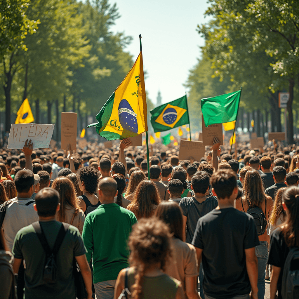 A large crowd of people marching with Brazilian flags and protest signs on a tree-lined street.