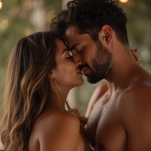 Couple sharing an intimate kiss in soft natural light. Focus on their facial expressions and connection. Features a strong man and his delicate partner with warm tones in the background.