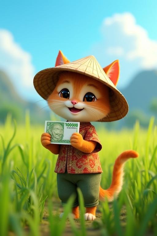 A 3D animation in Pixar style featuring a cute cat in a rice field. The cat stands upright wearing farmer clothing, a conical hat and batik shirt, holding a 10,000 Rupiah banknote. The background includes rice paddies and mountains under a bright sky.