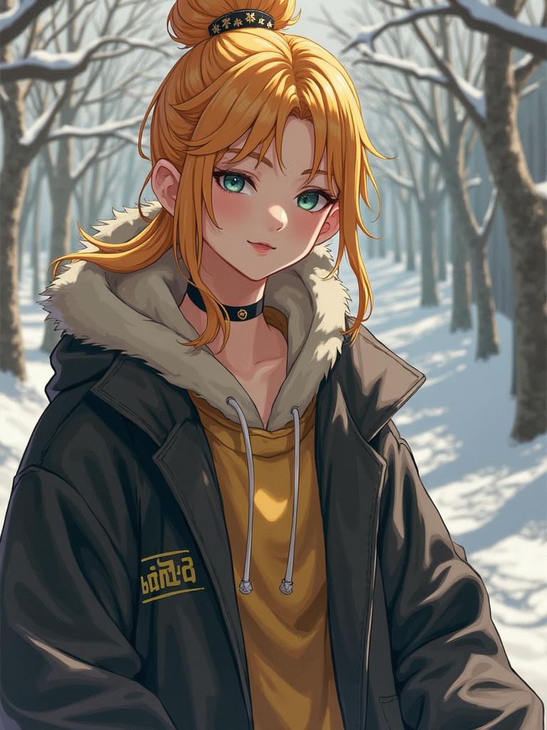 A young man dressed in beige casual winter attire stands in a snowy forest. He has long blonde hair tied in a bun. The background features tall trees covered in snow. The view focuses on the character's attire and the serene winter scenery.