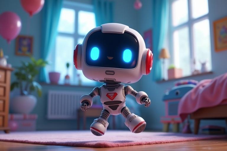 A dynamic 3D animated scene shows Zumo hovering slightly above the ground. Zumo has glowing eyes and a futuristic outfit. The human-like face shows joy while singing. Bright daylight colors dominate the scene. The background features a child's bedroom with birthday balloons.
