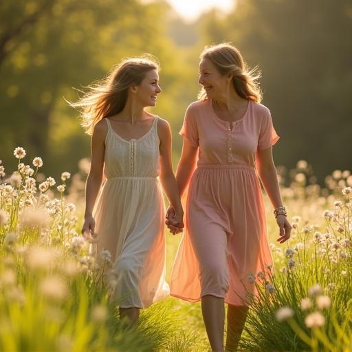 Two figures walk hand-in-hand through a field of blooming flowers. They wear light summer dresses. Sunlight filters through the leaves creating a warm atmosphere. They are smiling, enjoying the moment. A soft wind ruffles their hair. The scene captures a dynamic sense of movement and emotion.