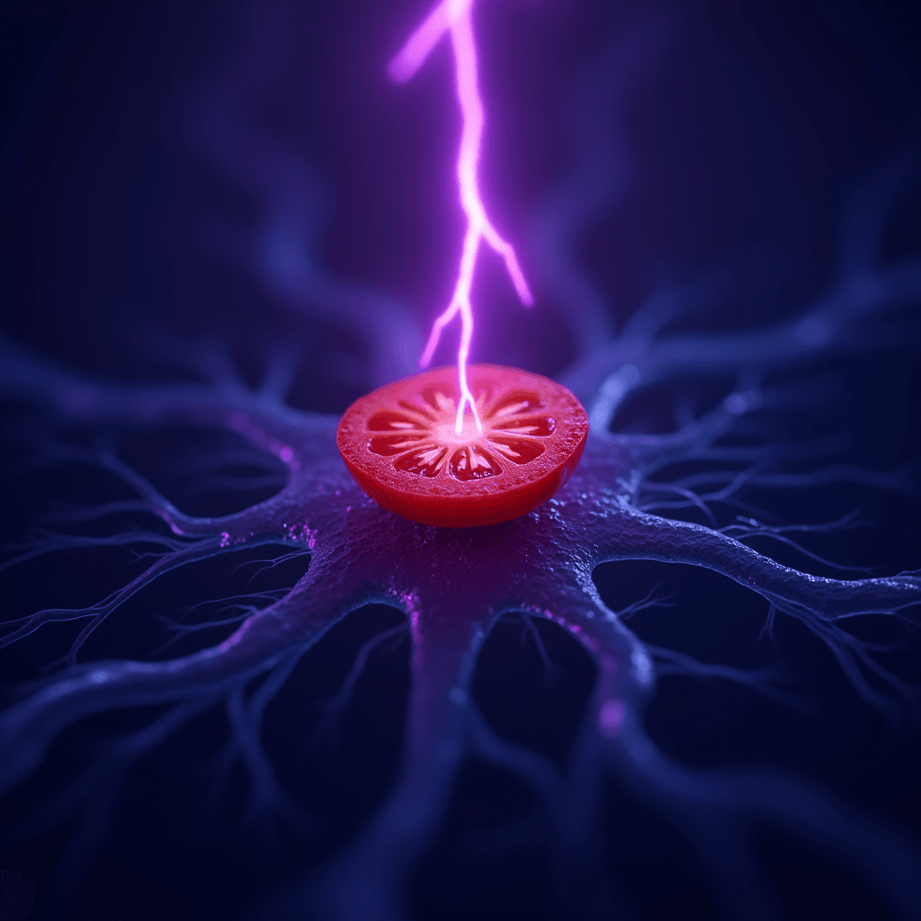 A slice of tomato with purple lightning against a dark, branching neuronic background.