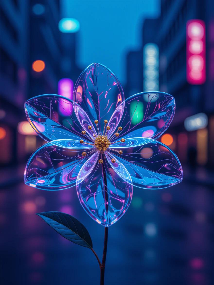 Macro photograph of a single transparent flower made of electrical wire. The flower has clear plastic and wire petals. Hyper-detailed image with photorealistic quality and 8k resolution. Set against a detailed futuristic dystopian city background at night with vibrant city lights. Color scheme includes purples and blues. The composition is dynamic and appears like a masterpiece.
