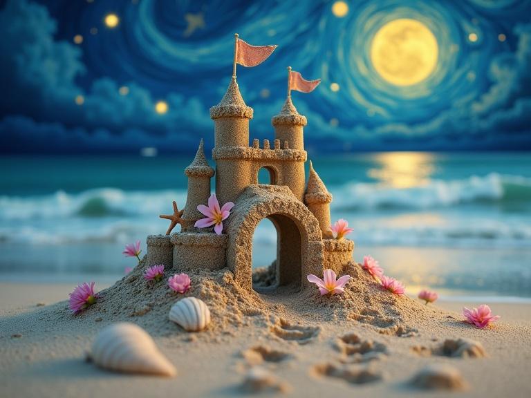 Dreamy photograph of a whimsical sandcastle decorated with pastel flowers and seashells. Surreal night by the sea. Deep blue sky with swirling stars. Moonlight reflecting on waves. Footprints in the sand.