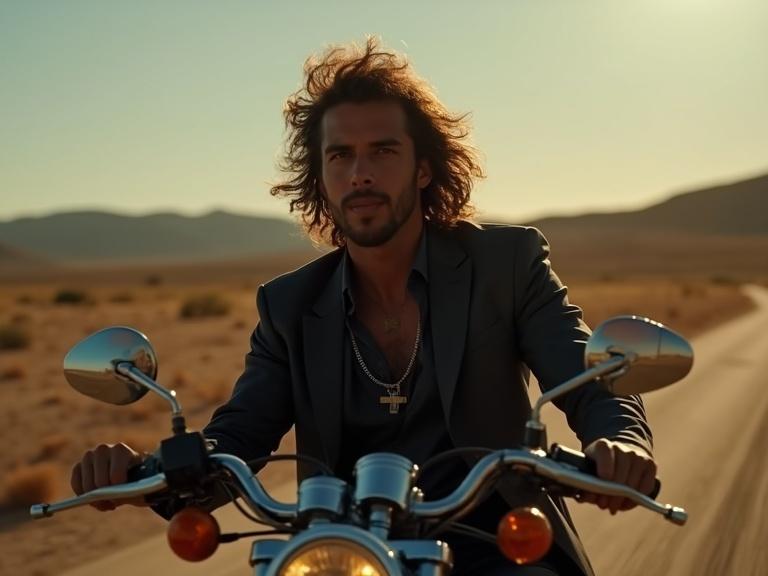 Man with long hair riding a Harley Davidson motorcycle on a deserted road during sunset.