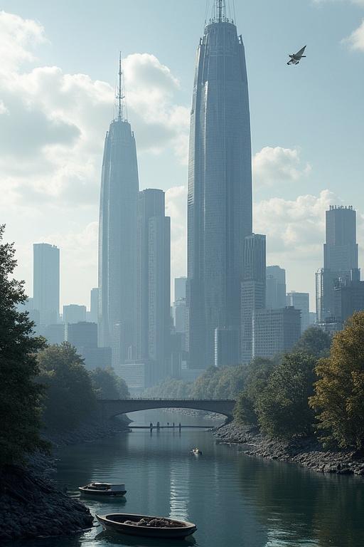 A realistic skyline showcasing Ostbevern's future design. Features tall skyscrapers along a riverbank. The scene has a tranquil waterway with boats and lush greenery.
