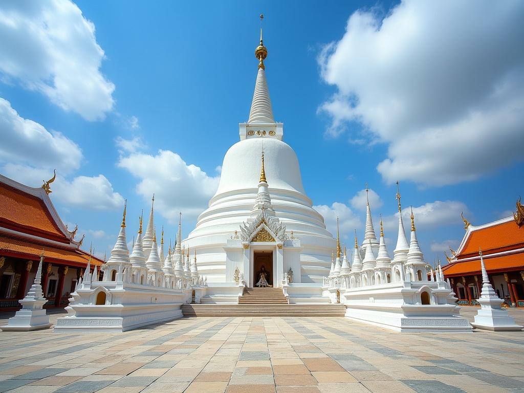The image showcases an expansive view of a grand Buddhist temple complex with a prominent white stupa capped by a golden spire at its pinnacle. Surrounding the central structure are numerous smaller chedis, each topped with pointed spires, arranged in neat rows on a stone pavement that holds a serene and historical aesthetic. The composition is framed against a bright blue sky peppered with fluffy white clouds, enhancing the temple's majestic appearance. The rooftops of adjacent structures are vibrant orange and ornate, contributing a warm contrast against the cool, weathered stone of the chedis and the white stupa.