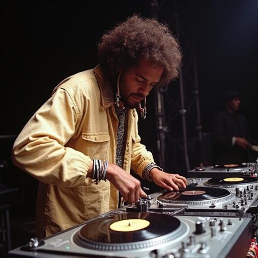 DJ Aleki Lemaota from Samoa performing dynamic turntable tricks at world DJ championship. Fast-paced mixing at an exciting event. Showcasing talent and skills in front of an audience.