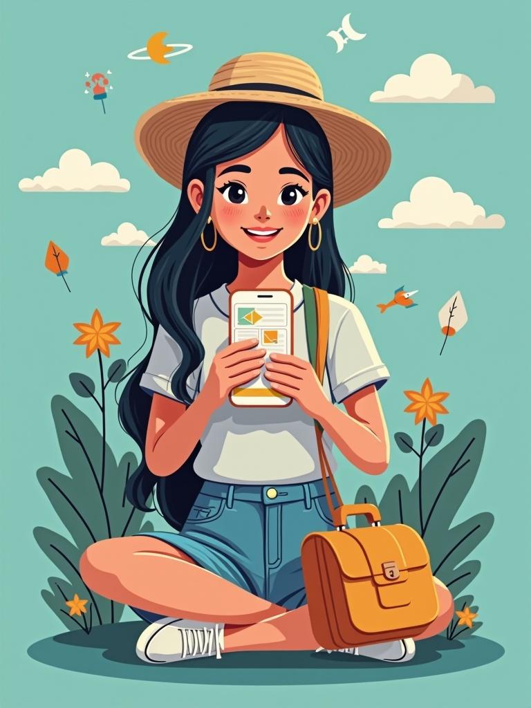 Illustration of a woman using a smartphone. She has long black hair and wears a summer outfit with shorts. A straw hat adorns her head. She sits on the ground surrounded by flowers and greenery. Background features blue sky with clouds. The image promotes safety and growth for female travelers.