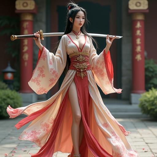 A confident female warrior inspired by Mulan stands with one leg forward. She wears a fantasy-style kimono with dragon and cherry blossom designs. Long hair styled in an elegant bun, with loose strands framing her face. Holds a curved sword on her shoulder. Expression is sharp and determined. Outfit reveals cleavage and has a dramatic slit. Accessories in gold and red, decorative belt with Chinese motifs. Scene includes a broken lantern and flower petals on stone tiles.