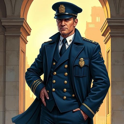 Character design of a comical police chief from a fantasy book. He is chubby and tall, wearing a wrinkled uniform. The officer appears distracted and anxious but kind-hearted. He humorously forgets to wear pants and arrives late for his first official oath.