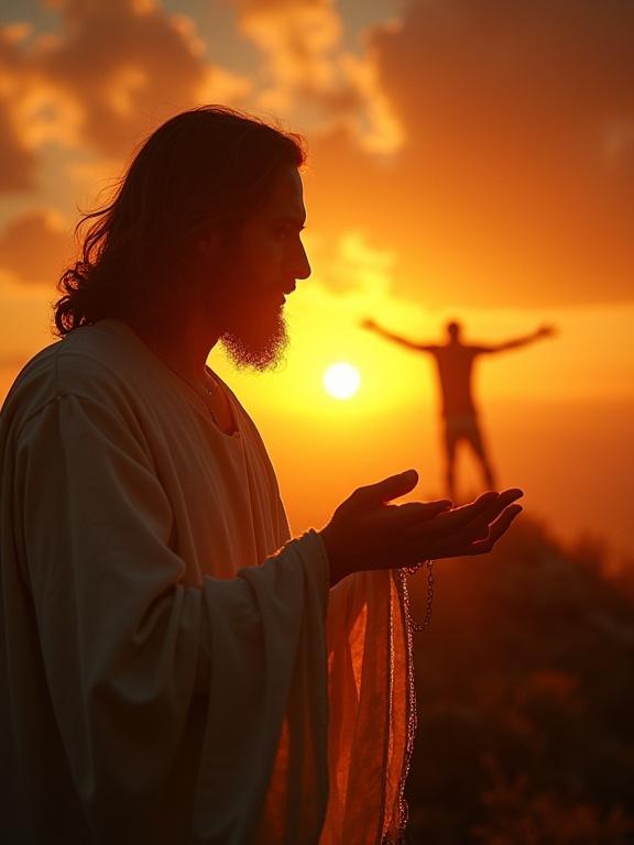 A serene image of Jesus with a compassionate expression. He offers light to a silhouetted figure breaking free. The setting transitions from dark to illuminated by a sunrise indicating victory over bondage.