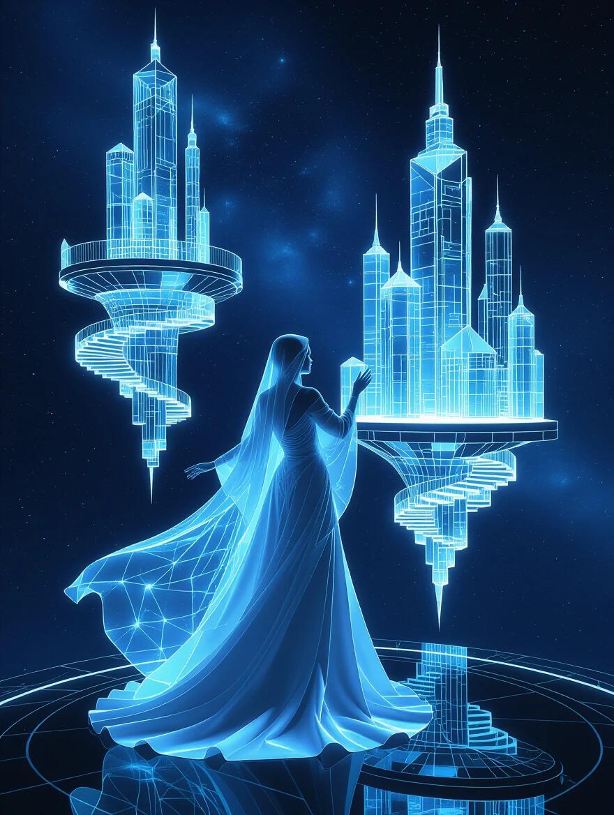 A luminous figure wears flowing robes designed with stars. The figure designs buildings as translucent holographic blueprints. The structures bend the laws of physics. Crystalline staircases ascend infinitely. Rooms fold in on themselves. Spires twist through dimensions. The architect's touch makes blueprints real. Golden equations form supports. Geometric fractals create floral architecture. The style blends Piranesi's architectural motifs with Escher's impossible geometry. This illustrates a hyperdetailed vision of architecture.
