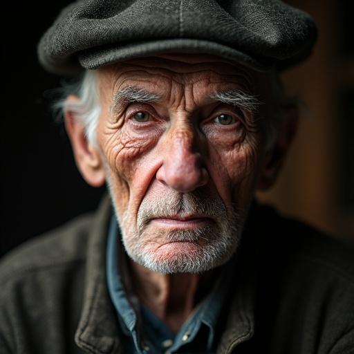 Close-up portrait of an elderly man in a Scottish beret and shirt. Deep wrinkles and textures on skin. Soft, dramatic lighting highlighting details. Blurred dark background. Intense and contemplative expression. Hyper-realistic photography style.