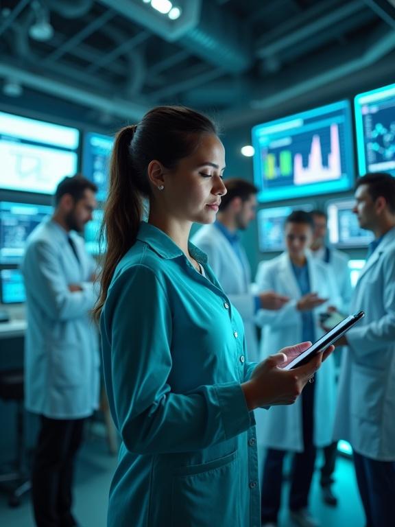 A professional clinical research coordinator wearing a teal blue shirt in a modern research facility. Medical professionals in lab coats analyzing data on digital tablets. Screens displaying graphs medical reports and molecular structures. The coordinator is the central figure managing documentation and communicating with a researcher.