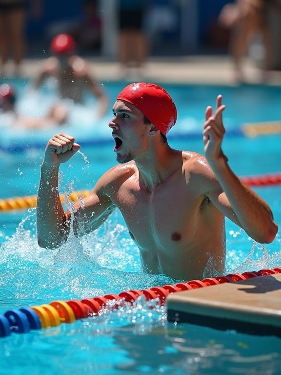 Vibrant swimming pool scene with a focused swimmer in a red cap expressing determination and triumph. Swimmer raises one fist celebrating. Water droplets shimmer around him. Colorful lane dividers and bright blue pool enhance energy. Background shows competitors with various emotions. Bright lighting captures competitive mood indicative of a swimming competition milestone.