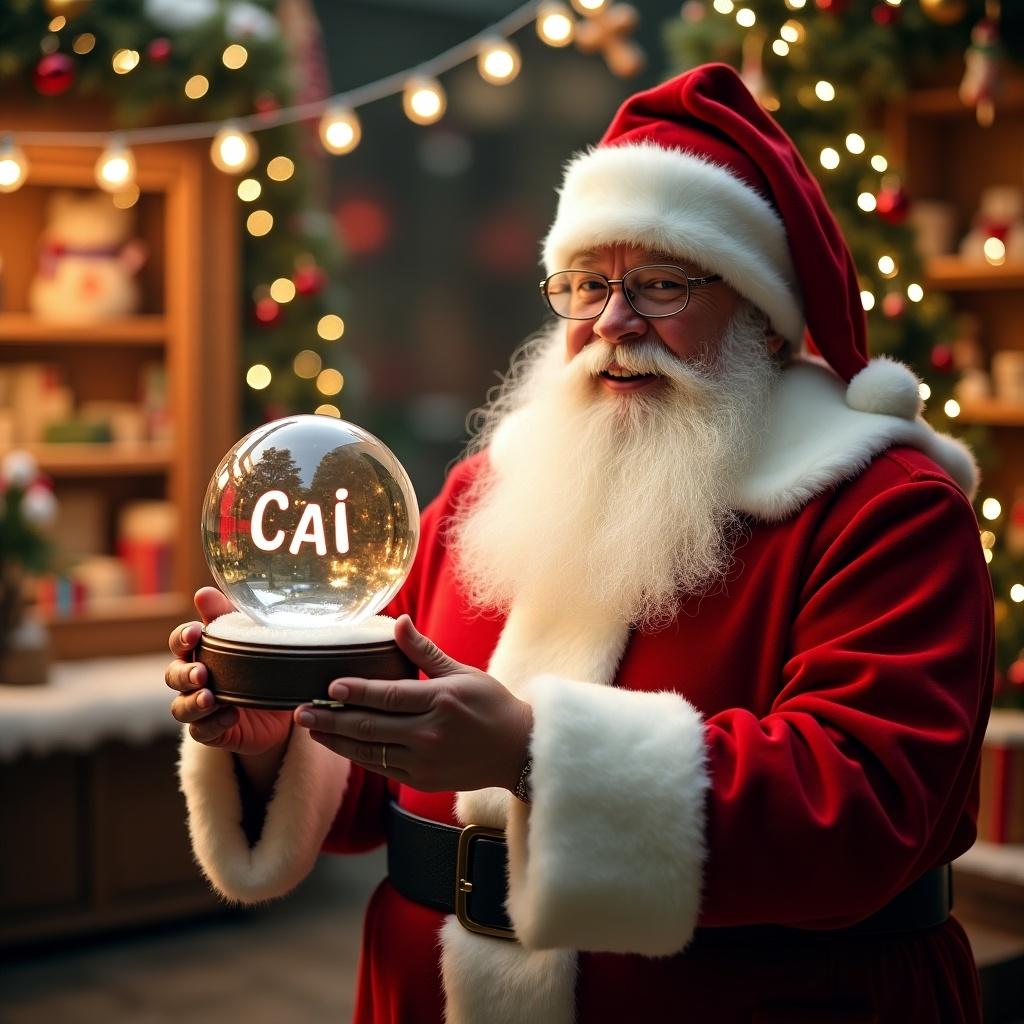 Christmas scene features Santa Claus in red and white suit holding a snow globe. Snow globe contains the name 'Cai'. Background shows a toy shop with festive decorations and glowing lights.