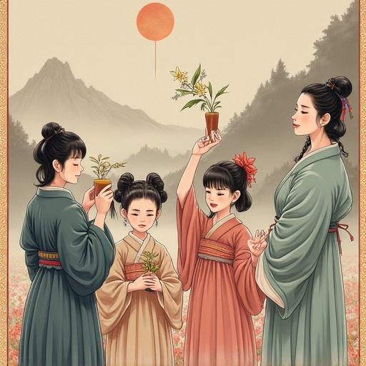 A serene scene featuring four women dressed in traditional attire. They hold potted plants against a scenic landscape with mountains and a soft sunset.