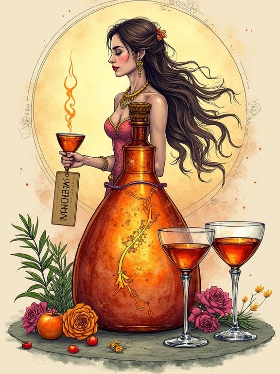 A portal to an alchemist distillery featuring a modern copper still. A vibrant ink and watercolor illustration of a Germanic goddess crafting mystical elixirs. Long hair and nature-inspired jewelry in a flowing gown near a glowing apothecary-style liqueur bottle labeled 'ALFRUNO'. Two cocktail glasses and natural accents such as roses and rosemary surround the bottle. Background includes floral patterns with fruit and herbs. Phrase in elegant typography is included.