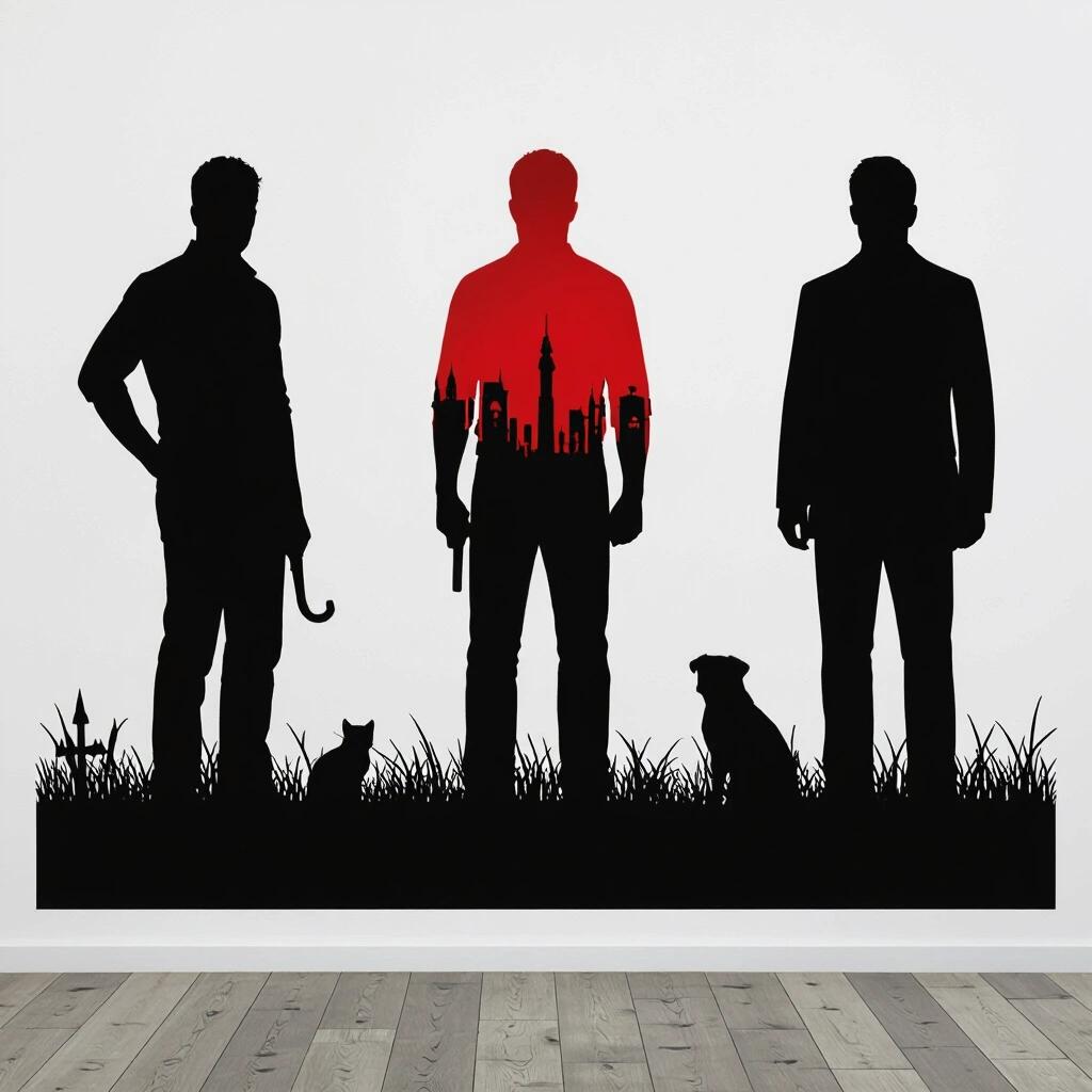 Dark silhouette wallpaper with characters inspired by Dexter. Three figures in silhouette against a white wall. Red background highlighting the central figure. Grass and animal silhouettes at the base.