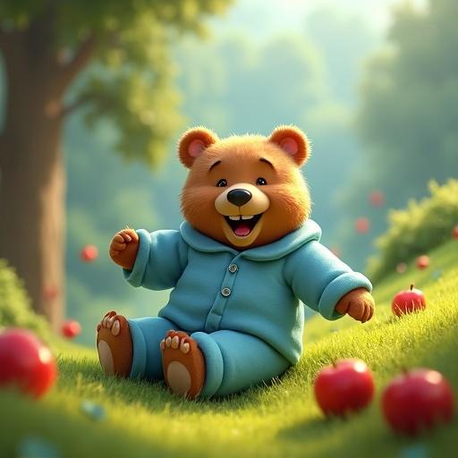 Disney Pixar style bear wearing cozy sky blue button pajamas rolling down lush green hill with laughter and surprise apples bouncing around him.