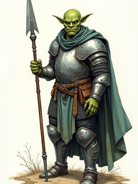 Paladin male green orc wearing metal armor holding a javelin. Illustration uses ink and watercolor styles.