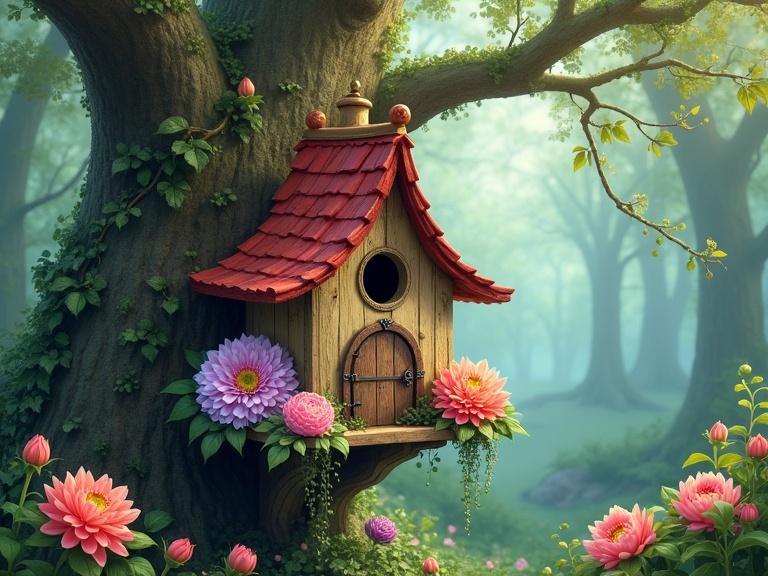 Whimsical fairytale birdhouse in enchanted forest. Perched on ancient tree wrapped in vines. Crafted from weathered wood with ornate trims and red-tiled roof. Features tiny round window and arched door. Adorned with dahlias, roses, peonies in lavender, coral, fuchsia. Ivy and vines on sides. Soft light filters through mist, glowing over undergrowth and trees. Ultra-detailed dreamy composition.