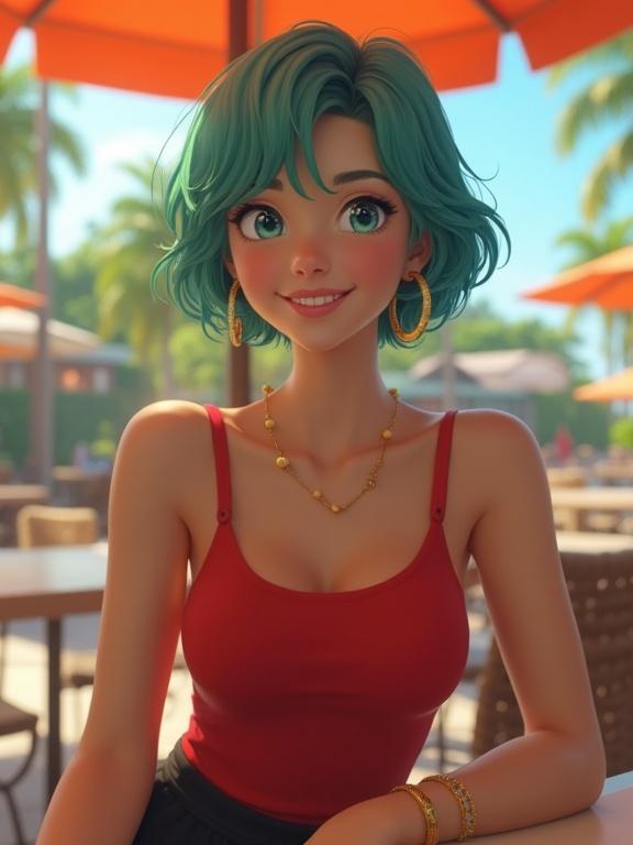 4K hyper-realistic image of a cute young woman with short teal hair and big blue eyes sitting casually in an outdoor cafe. She smiles warmly. Tropical trees and clear skies in the background. Wearing a tight red sleeveless tank top and a short black skirt. Visible golden hoop earrings and bracelet accessories. Sunlight filters through overhead canopy creating cinematic highlights. Ultra detailed skin and natural hair texture. Realistic clothing folds and vibrant background.