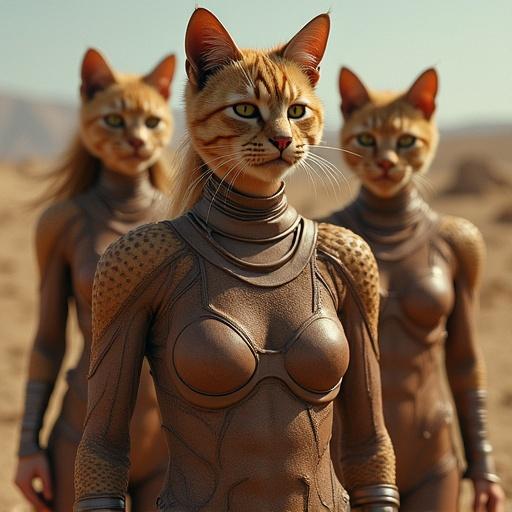 Realistic group of cat women inspired by Thundercats on a sci-fi planet. Characters are designed with sleek, high-tech outfits. The setting showcases an extraordinary alien landscape.