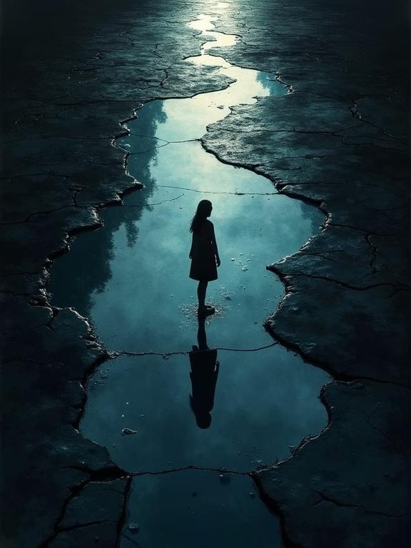 Top down drone view of a woman silhouette on reflective glass. Cracks appear in the glass. Below the glass, a cosmic void is visible. Dark background enhances the surreal atmosphere. Smooth paint strokes create a minimalist style.