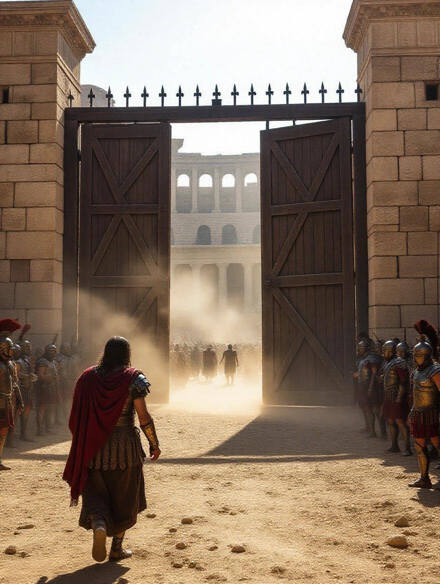 A first-person perspective shows a warrior walking towards a large wooden gate. The gate features iron bars with gladiatorial sand spilling out. Sunlight streams through gaps creating rays in the dusty air. Gladiators in armor stand around. The setting exhibits detailed ancient Roman architecture.