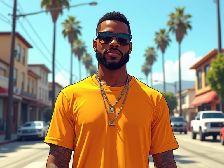 Confident Black male rapper stands on a bright Los Angeles street. The scene showcases a GTA video game loading screen style. The rapper wears a plain yellow t-shirt. The background shows a vibrant city street with palm trees. The art is cartoonish yet realistic. The image has bold outlines and saturated colors. Sunlight and soft shadows create a dramatic effect. A dynamic urban atmosphere is captured.