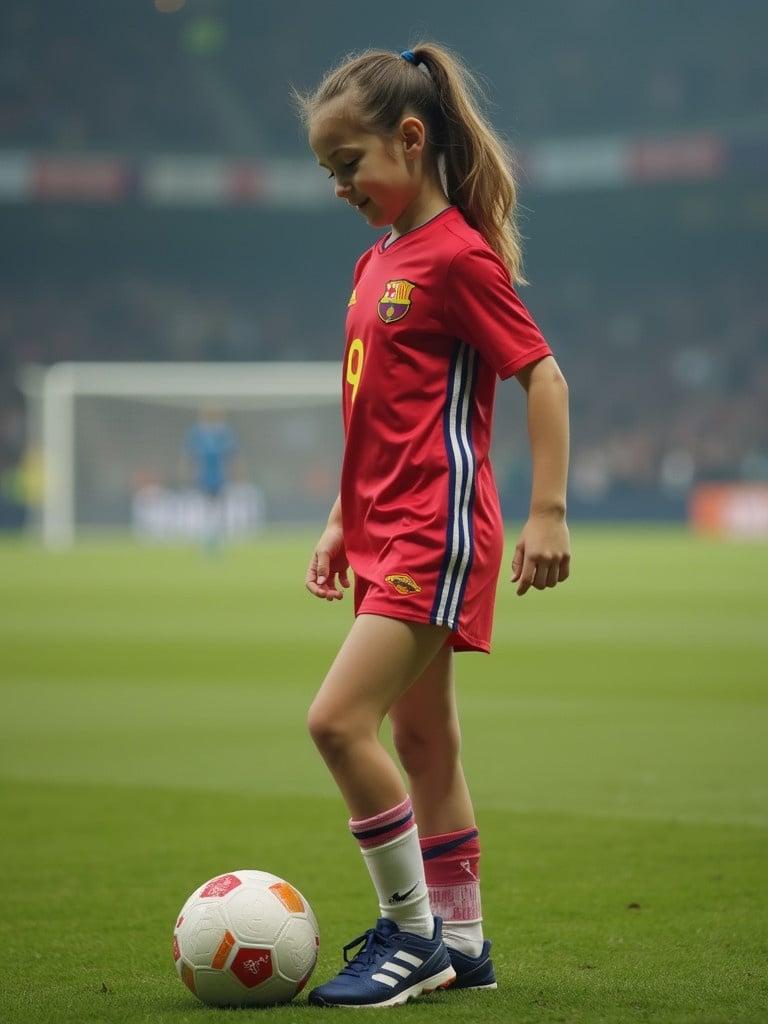 A cute girl wearing a red football kit poses on the pitch with a soccer ball. She stands bent slightly over in a vibrant stadium setting. The background features blurred stadium elements.