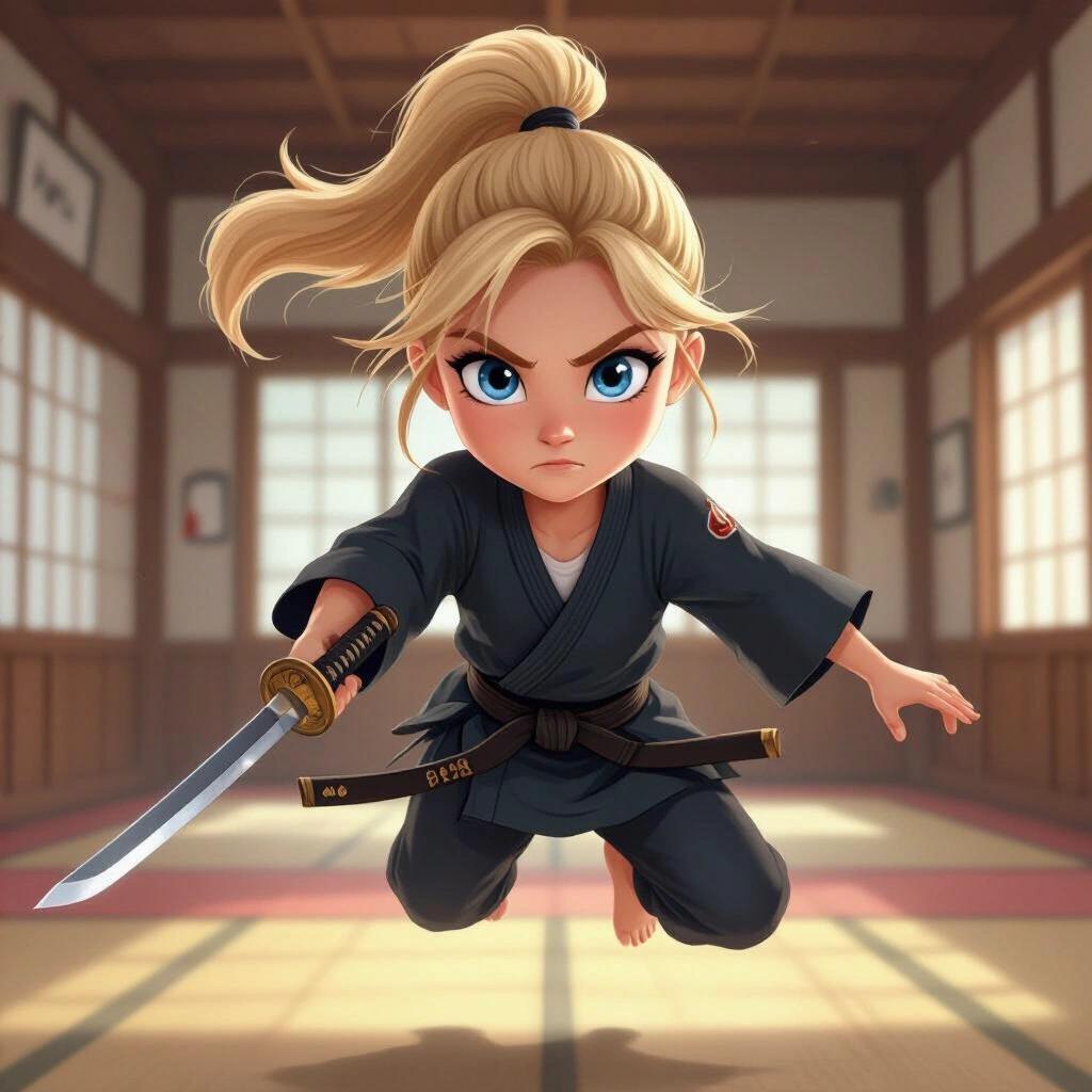 Confident blonde-haired blue-eyed young teen girl floats off the ground inside a dojo, wielding a katana pointed at the viewer.