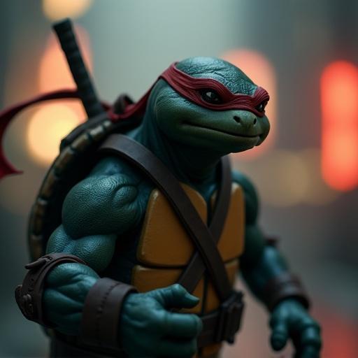 Ninja Turtle figure with a blurred silhouette in the background. Focus on the character's facial features and attire. Red mask, orange armor, and weapon display.