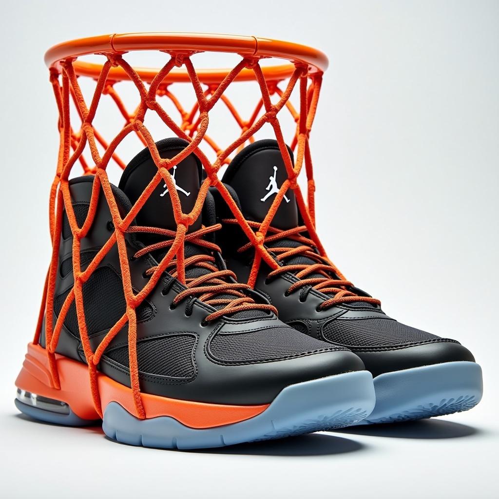 This image features a pair of basketball shoes prominently displayed with a basketball net entangled around them. The shoes are designed with a black body, complete with orange accents that tie in with the net. The top portion of the net resembles a basketball hoop, creating a playful yet dynamic visual. The sole of the shoes connects to the net, enhancing the theme of basketball. Bright lighting adds vibrancy to the colors, making the design pop and appealing.