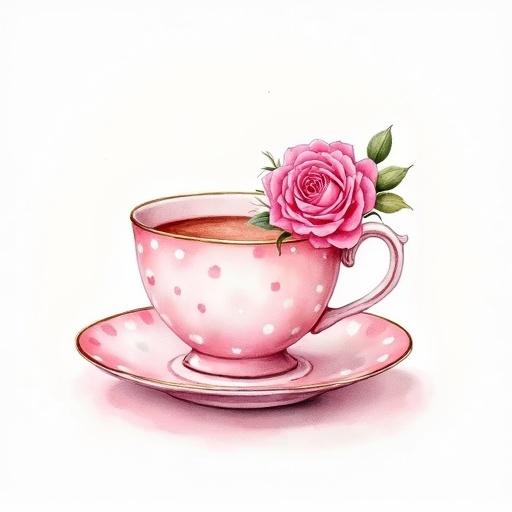 A watercolor painting featuring a light pink teacup and saucer with polka dots. A pink rose is placed on the teacup. The design emphasizes softness and elegance.