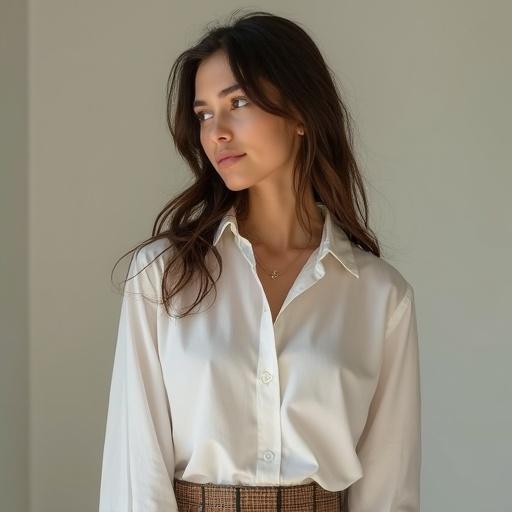 Realistic photo featuring a brunette woman dressed in a loose button-up blouse. The image captures a casual yet elegant style focused on her expression and outfit.