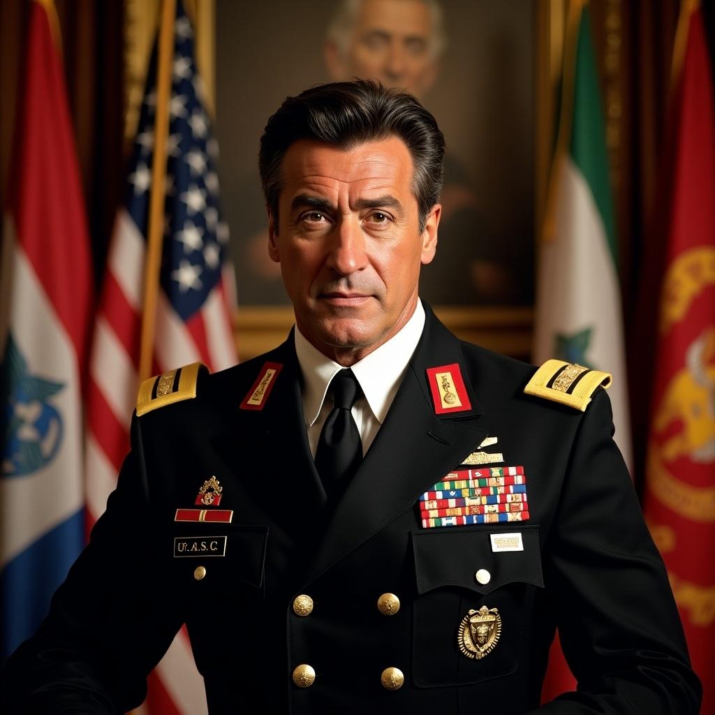 A man is dressed in a general's uniform, exuding a commanding presence. He stands confidently, showcasing various medals and insignia on his uniform. The background features flags symbolizing authority and honor. The lighting provides a warm glow, enhancing the seriousness of the portrait. This image could represent themes of leadership and patriotism in a cinematic context.